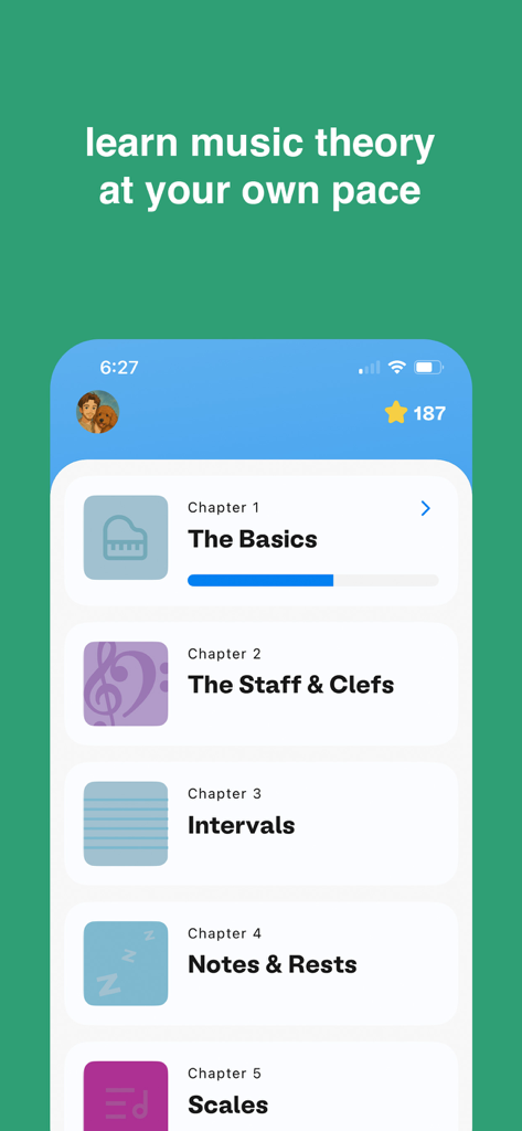 Treble - Learn Music Theory - Uma lista de capítulos de teoria musical no aplicativo Treble, incluindo noções básicas, pauta, claves e intervalos.