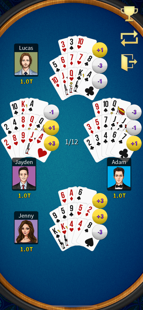 13 Poker Offline (Capsa Susun) - Une capture d'écran du gameplay de 13 Poker Offline montrant quatre joueurs comparant leurs arrangements de cartes sur une table bleue avec des mises à jour de score.
