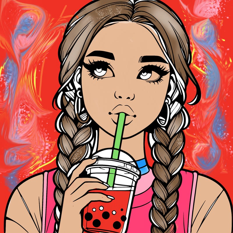 realistic girl with braided hair drinking boba