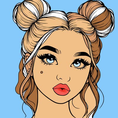 realistic girl with two buns on her hair and lips