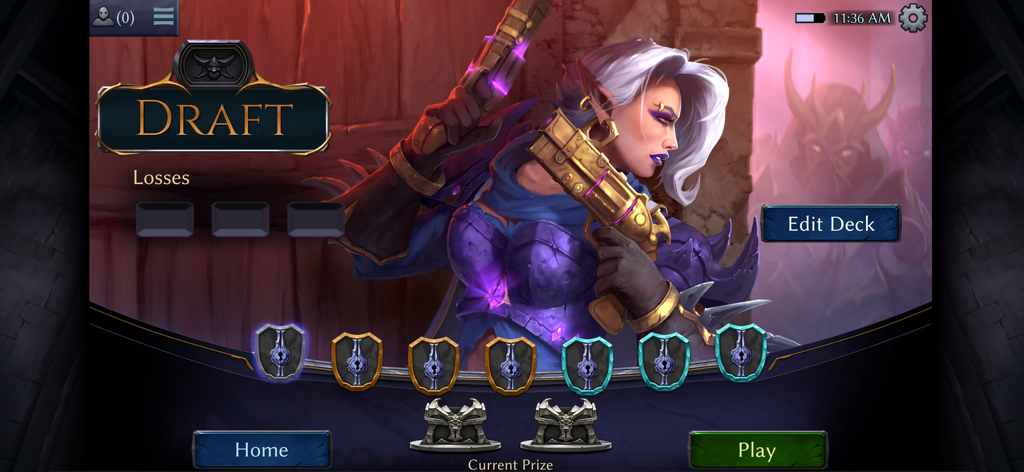 Draft mode screen in Eternal Card Game featuring a female gunslinger character and current prizes.