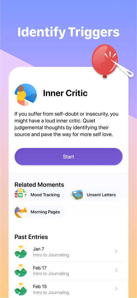 Interfaz de la aplicación Halo que muestra un ejercicio de diario guiado para identificar desencadenantes y silenciar al crítico interior