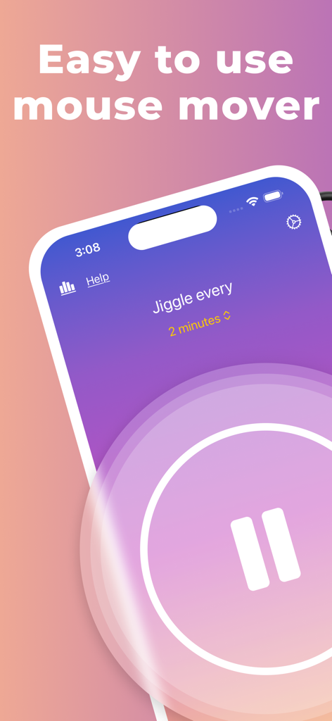 Interface of the AI Mouse Jiggler app on a smartphone showing jiggle frequency settings and a pause button