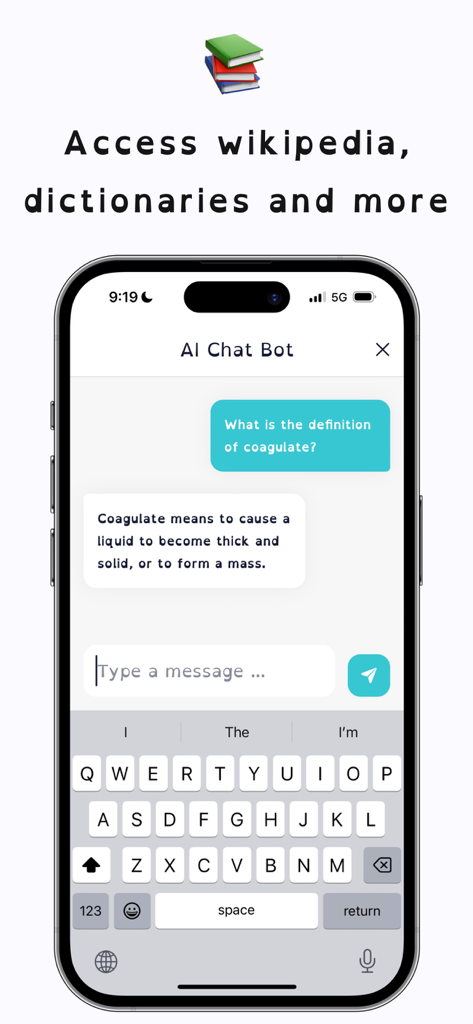 Dyslexia Font - AI Tutor & Pal - Mobile app interface showing an AI chat bot providing a dictionary definition in a dyslexia friendly font