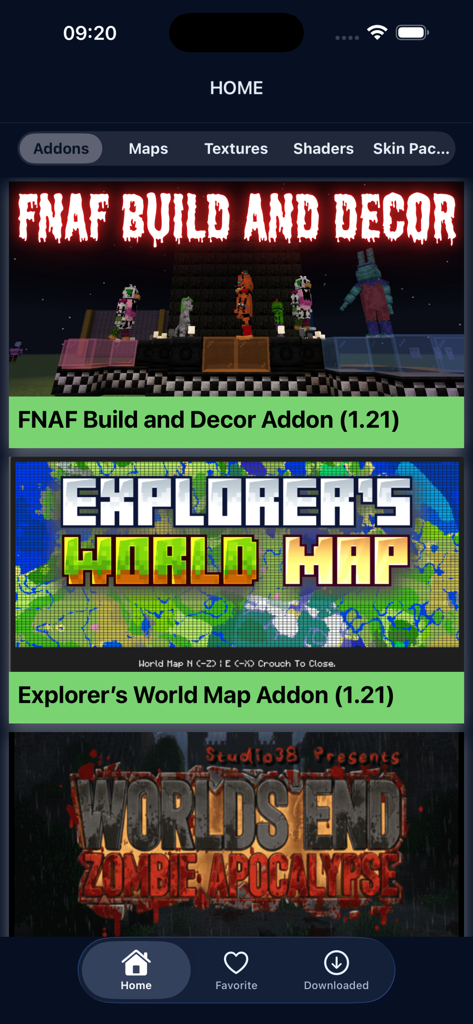 Addons Mods for MCPE! - Pantalla de inicio de la aplicación Addons Mods for MCPE que muestra mods de gameplay de FNAF y apocalipsis zombie