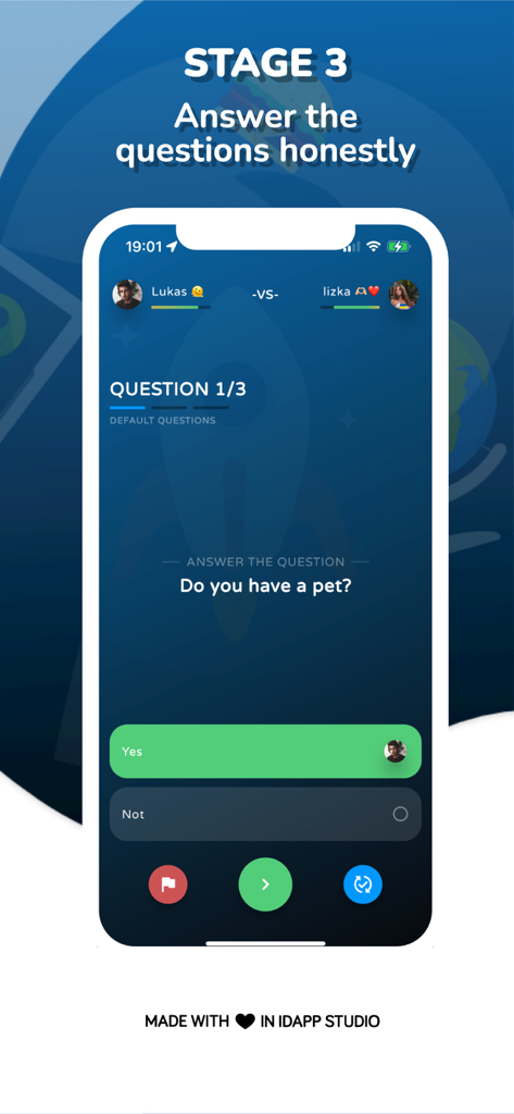 A mobile screen showing stage 3 of a social quiz game where users answer personal questions like Do you have a pet honestly.