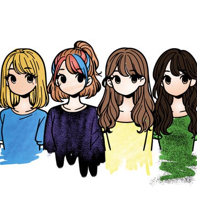 four girls two with shoulder length hair one with short hair the other with a low ponytail