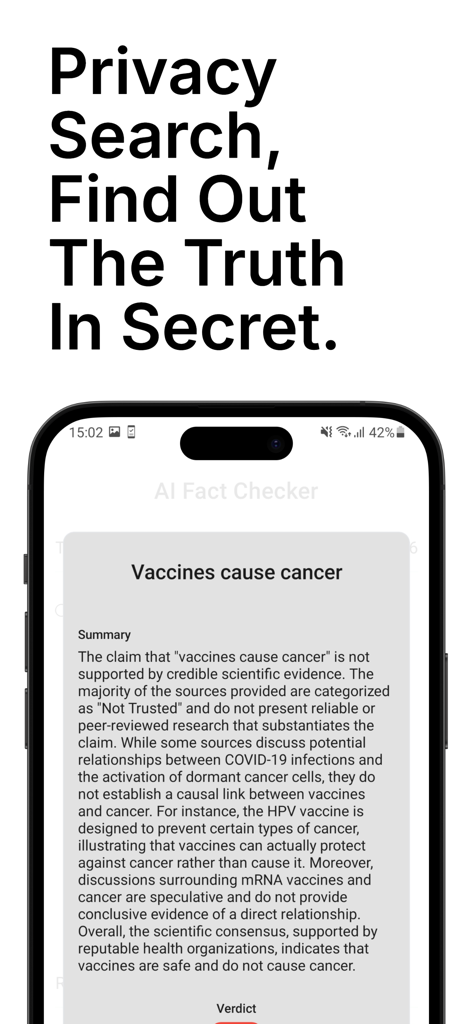 AI Fact Checker App - Mobile app screen showing AI Fact Checker debunking a vaccine claim with privacy features