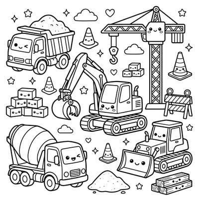 Explore an adorable world of construction with this Kawaii-style coloring page, featuring friendly trucks, excavators, and cranes. Perfect for sparking imagination and creative fun for all ages.