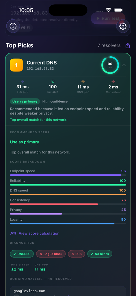 DNS Benchmark+ - Screenshot of DNS Benchmark plus app displaying detailed performance metrics and score breakdown for a DNS provider.