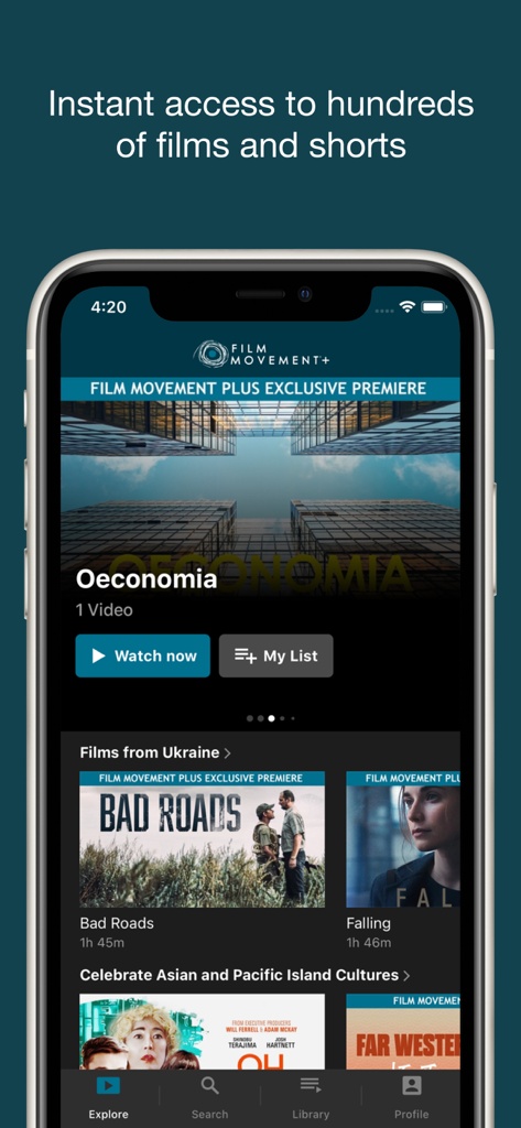 OeconomiaやBad Roadsなど、厳選された国際映画やインディペンデント映画を表示するFilm Movement Plusアプリのインターフェイス。