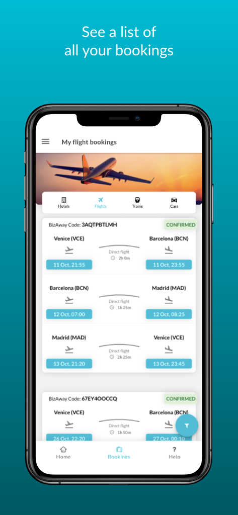 BizAway - Écran de l'application BizAway affichant une liste des réservations de vols confirmées et des itinéraires de voyage d'affaires.