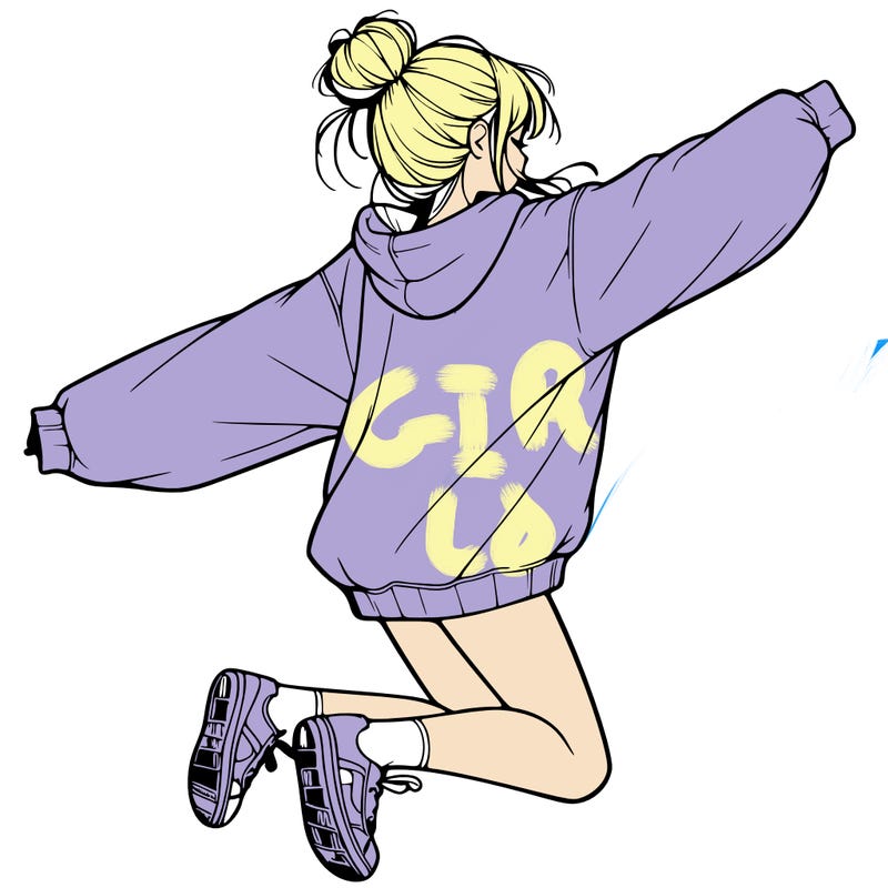 realistic girl jumping with a bun and oversized sweatshirt
