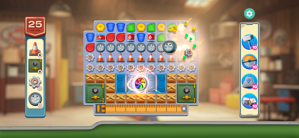 Matchcreek Motors: Custom Cars - A car-themed match-3 puzzle board featuring automotive icons like gears and tires inside a garage setting.