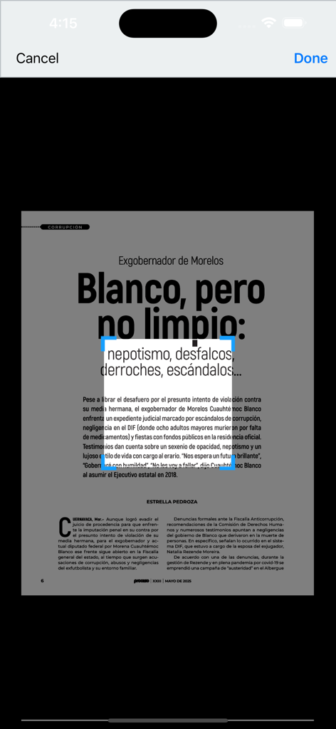 Digital investigative article page inside the Revista Proceso mobile app