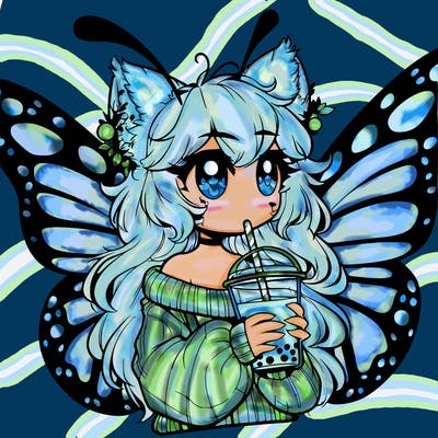 a realistic butterfly/furry girl drinking boba