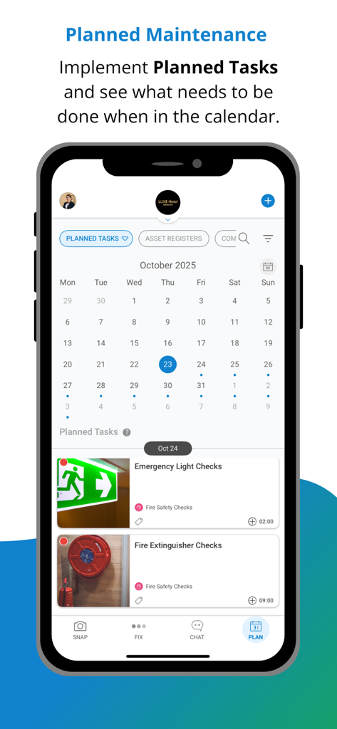 Snapfix: Smarter Maintenance - Snapfix mobile app interface showing a monthly calendar view for planned maintenance tasks and fire safety checks