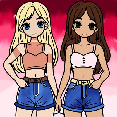 two sisters with crop tops and jean shorts and straight hair