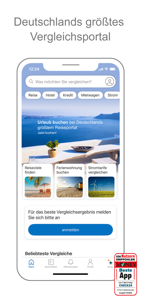 CHECK24 - CHECK24 mobile app home screen showing comparison categories for travel, loans and utilities