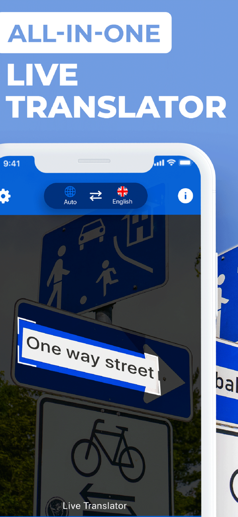 Tela de smartphone usando o aplicativo Tradutor de Fotos para traduzir uma placa de rua em tempo real usando RA