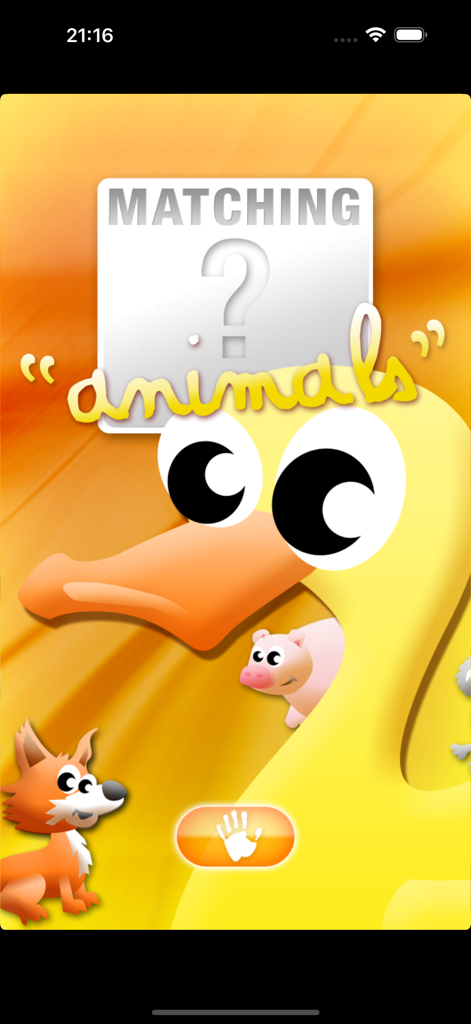 Animals Matching for Kids app home screen with cartoon duck pig and fox