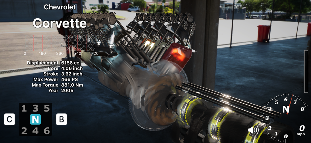 Trans4motor R - Simulação 3D transparente de um motor Chevrolet Corvette V8 mostrando componentes internos e especificações técnicas.