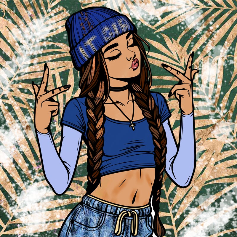 realistic teenage girl with braids and a beanie and crop top doing 🫶🏼