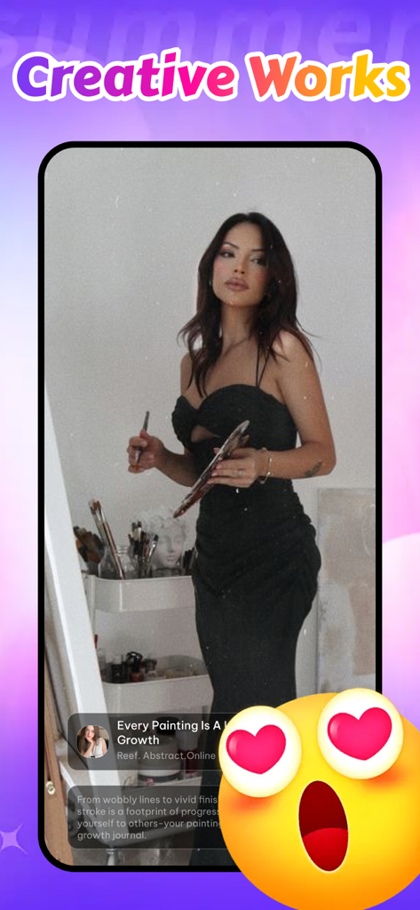 Foci: Get Inspired & Enjoy Fun - A woman artist painting in a studio on the Foci app interface under the Creative Works heading.