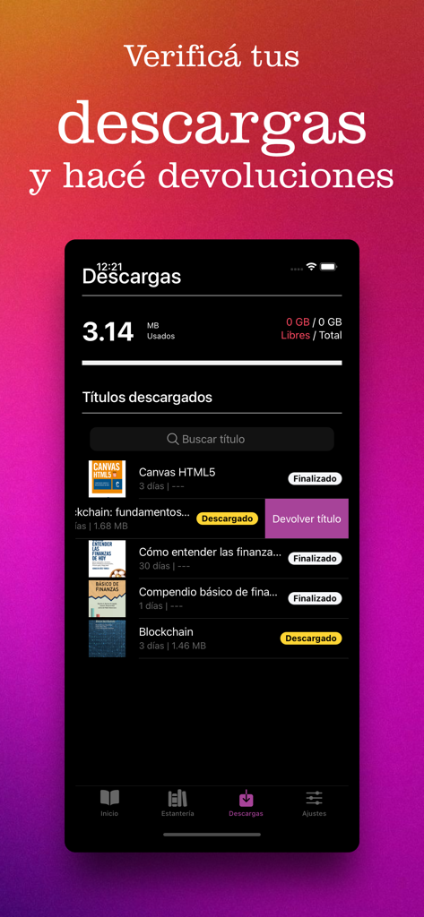 Lector eLibro - Downloads management screen in the Lector eLibro app showing a list of academic book titles