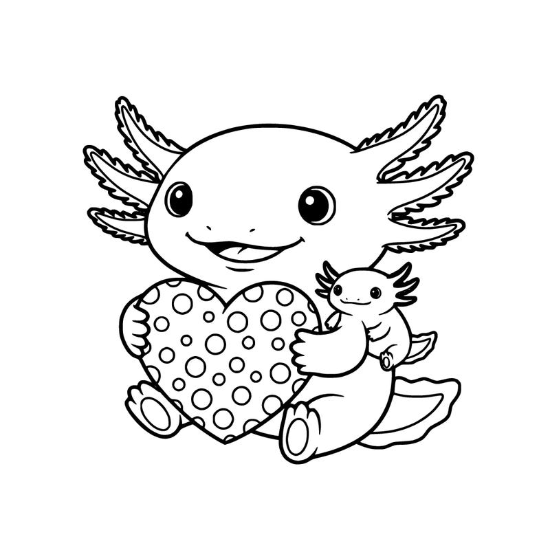 a axolotl holding a heart with dots on heart and there is a baby axolotl with the mom