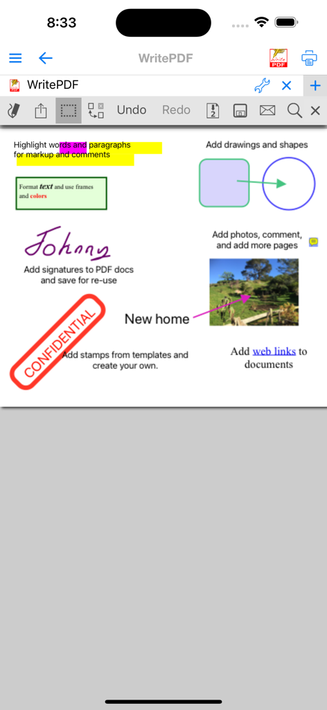 WritePDFアプリのiPhoneインターフェース。ハイライト、署名、スタンプを含むドキュメントマークアップツールが表示されています。