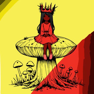 realistic girl sitting on a huge tree stump size toadstool with thorn crown