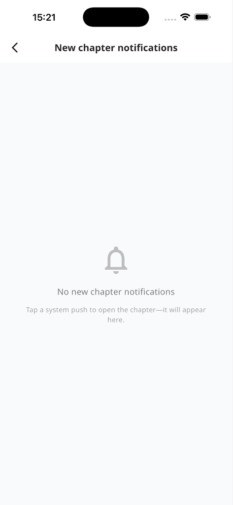 CrushNovels - Empty state screen for new chapter notifications in the CrushNovels app