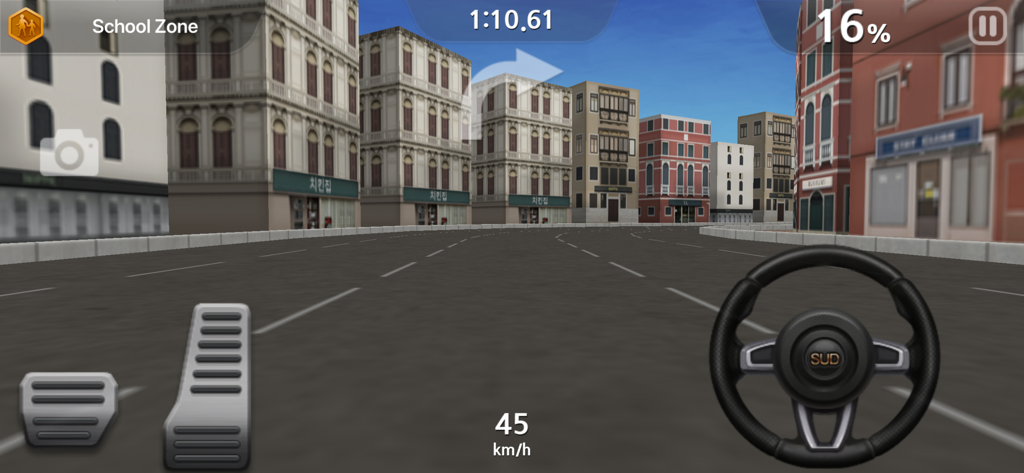 In-game screenshot of Dr. Driving 2 featuring the steering wheel, pedals, and a city street view