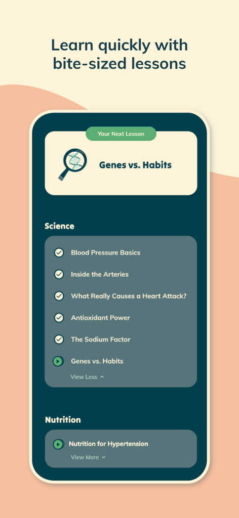 Heartful for Blood Pressure - Heartful app interface showing a list of bite-sized science and nutrition lessons for blood pressure management