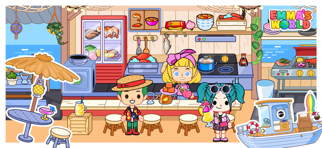 Emma's World - Town & Family - Personajes de dibujos animados en un restaurante frente a la playa en el juego de casa de muñecas digital Emma's World