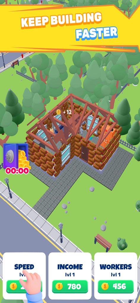 DIY Building 3D: Craft Block - Mobile game screenshot of DIY Building 3D showing a house under construction with upgrade options for speed and workers.