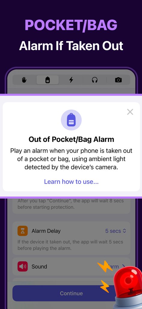 Crook Catcher Anti Theft Alarm - Crook Catcher app screen showing the pocket and bag alarm setting for phone protection