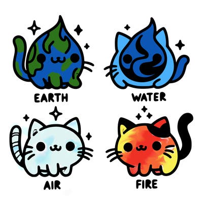 4 cats that represent the different elements, earth, water, air, and fire