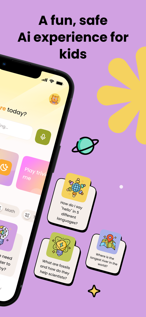 Mobile screen displaying Zoe a safe educational AI chat bot for kids with fun question prompts