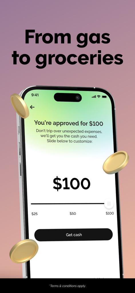 Grant Cash Advance - Una schermata mobile di Grant Cash Advance che mostra un utente approvato per un anticipo di cento dollari con monete d'oro fluttuanti.