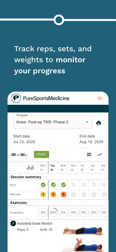 Pure Sports Medicine - Interfaz de la aplicación Medicina Deportiva Pura que muestra un programa de recuperación de rodilla con seguimiento del progreso de los ejercicios