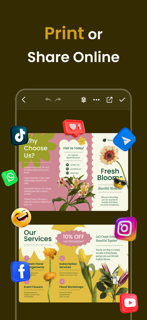 Um design de brochura floral exibido em uma interface de aplicativo móvel com ícones de mídia social indicando opções de compartilhamento impresso e online.