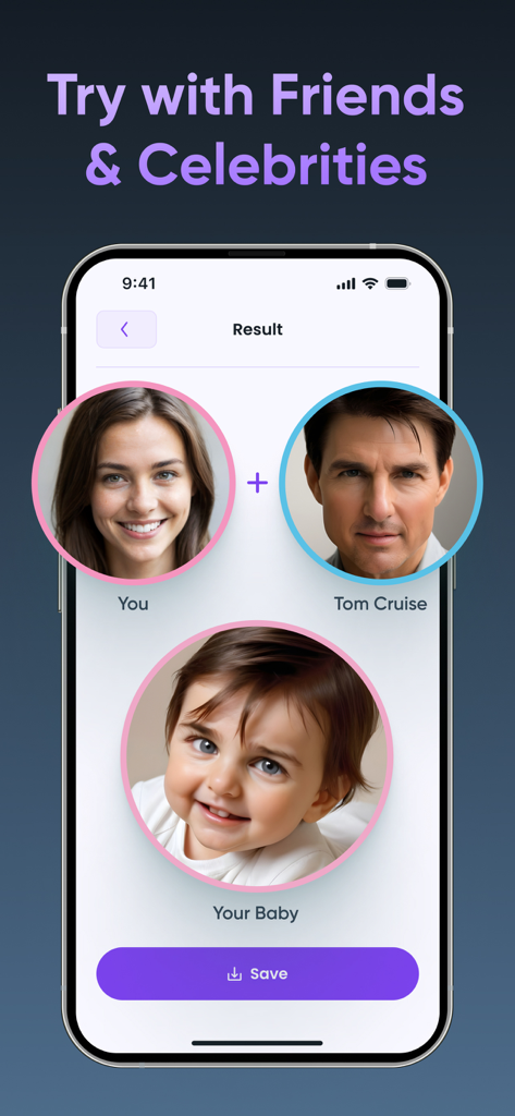 A screenshot of the AI Baby Generator app showing a baby result from a user photo and a celebrity photo of Tom Cruise.