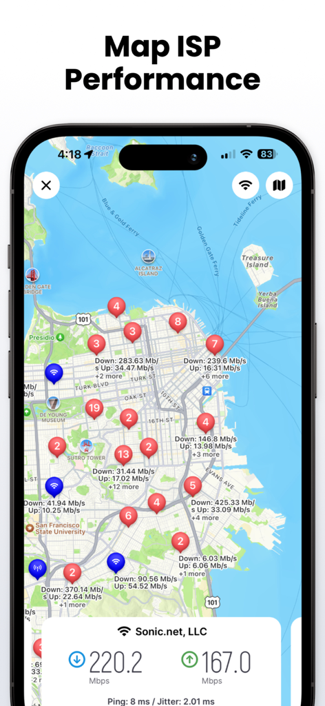 Un'interfaccia mappa che mostra i risultati del test di velocità di Internet e le prestazioni dell'ISP in una città.