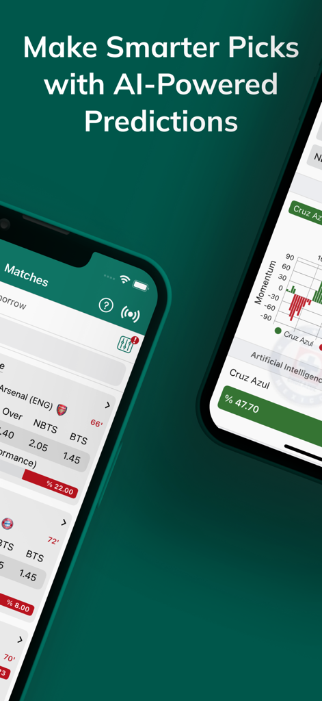 BetAnalysis & Prediction - AI搭載のサッカー予測と試合統計を示すBetAnalysisアプリのインターフェース。