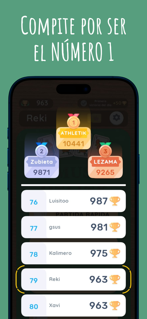 Mus Online - Tabla de clasificación global en la aplicación Mus Online mostrando a los mejores jugadores y resultados de la competición