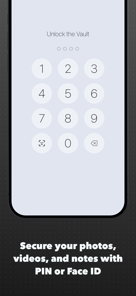 Vault – Keep your files hidden - Secure lock screen of Vault app featuring a numeric PIN pad and Face ID authentication option