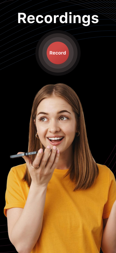 Voice Recorder : Voice Memos - Una mujer hablando a su smartphone para grabar una nota de voz usando la interfaz de grabación de la app