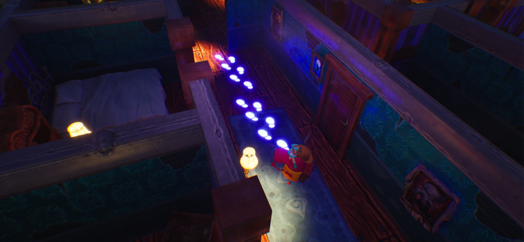 Um pequeno personagem de cachorro segue pegadas brilhantes por um corredor escuro e arrepiante de casa mal-assombrada